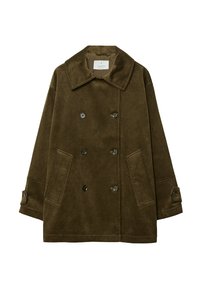 Braune Cordjacke mit doppelter Knopfleiste, breitem Kragen, zwei vorderen Taschen und Knopfdetails an den Ärmeln, die eine strukturierte Oberfläche erzeugen.