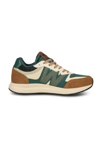 Men's sneaker with green, brown, and cream materials. Features textured panels, mesh sections, and a cushioned sole for comfort.