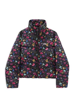 Chaqueta negra acolchada con estampado floral colorido, cuello alto, cremallera frontal, bolsillos laterales y logo blanco de Vans en el pecho.