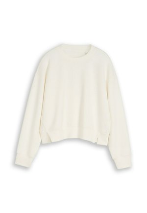 Felpa girocollo a maniche lunghe color panna, con polsini e orlo a coste, mostrata distesa su uno sfondo bianco.