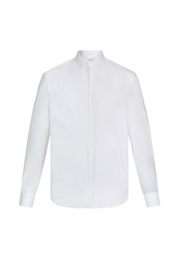 Camicia da uomo bianca a maniche lunghe, realizzata in cotone liscio, con colletto classico, patta con bottoni e polsini con bottoni. Nessun motivo o dettaglio decorativo.