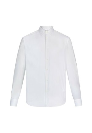 Camicia da uomo bianca a maniche lunghe, realizzata in cotone liscio, con colletto classico, patta con bottoni e polsini con bottoni. Nessun motivo o dettaglio decorativo.