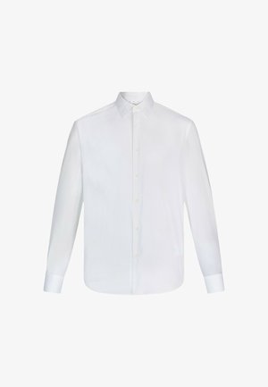 Camicia da uomo bianca a maniche lunghe, realizzata in cotone liscio, con colletto classico, patta con bottoni e polsini con bottoni. Nessun motivo o dettaglio decorativo.