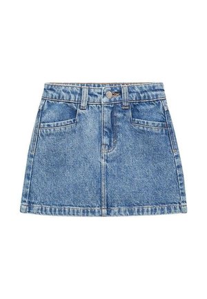 Blauer Minirock aus Denim mit hohem Bund, vorn mit Knöpfen, Reißverschluss, Gürtelschlaufen und zwei Fronttaschen.