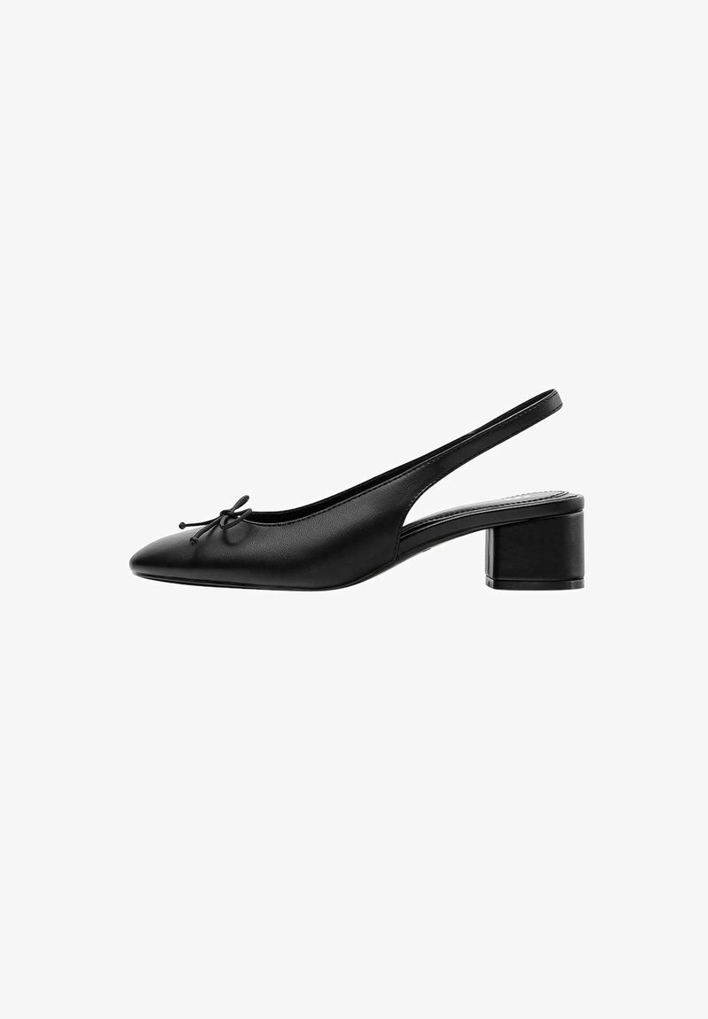 Black leather slingback shoe with pointed toe, small bow detail, and low block heel.