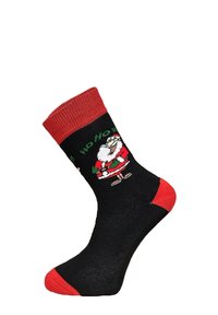 Black socks with red trim and toe. Features a Santa Claus design with the text "HO HO HO" above, made of soft, stretchy material.