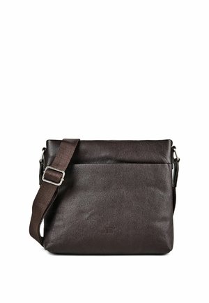 Borsa a tracolla in pelle marrone scuro con tracolla in tessuto regolabile e fibbia argentata su sfondo bianco.