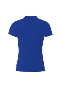 Effen blauwe polo met korte mouwen, gezien vanaf de achterkant, met een kraag en een klein zijlabel.