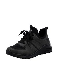 Black athletic shoes featuring a mix of smooth and textured materials, rounded shape, mesh panels, and lace-up design.