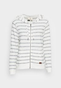 White zip-up hoodie with navy stripes, drawstring hood, soft fabric, two front pockets, and a brown brand patch on the lower hem.