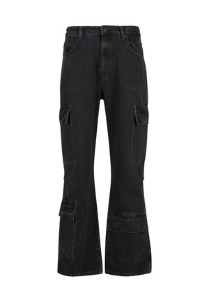 Sorte denim cargo bukser med en bred benskæring, der har flere sidelommer og en knaplukning i taljen. Bemærk det strukturerede stof.