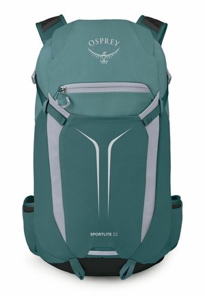 Sac à dos Teal Osprey Sportlite 22 avec poche avant zippée, bretelles rembourrées et porte-bouteilles latéraux en mesh.