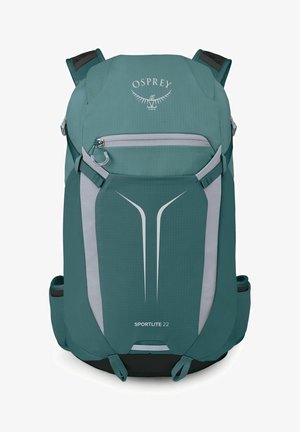 Sac à dos Teal Osprey Sportlite 22 avec poche avant zippée, bretelles rembourrées et porte-bouteilles latéraux en mesh.