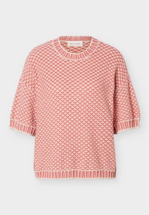 Kortærmet strikket sweater med pink og cremefarvet tekstureret diamantmønster, ribkant ved ærmer, halsudskæring og kant.