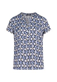 Blouse à manches courtes en bleu, crème et marine avec un motif ondulé ; dotée d'un col avec patte de boutonnage et d'une coupe décontractée.