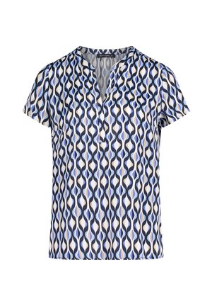 Bluzka z krótkim rękawem w kolorach niebieskim, kremowym i granatowym z falistym wzorem; posiada dekolt z patką i luźny krój.