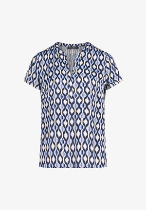 Bluzka z krótkim rękawem w kolorach niebieskim, kremowym i granatowym z falistym wzorem; posiada dekolt z patką i luźny krój.