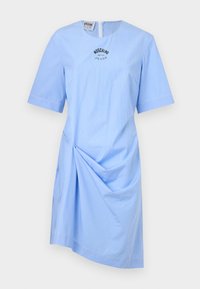 Light blue dress with vertical white stripes, short sleeves, round neck, and a side drape detail. Features logo at the chest and back zip.