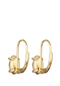 Boucles d'oreilles en métal doré avec une pierre rose. Le design comprend une fermeture à crochet sécurisée et une finition texturée sur le métal.