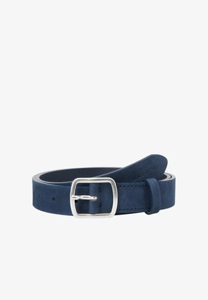 Navyblauer Leder Gürtel mit einer nahtlosen, glatten Textur. Verfügt über eine silberne rechteckige Schnalle und einen geprägten Markennamen.