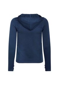 Navy zils garām piedurknēm kapuci ar teksturētām vertikālām joslām aizmugurē un pirkstu caurumiem uz piedurknēm.