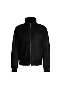 Giacca in pelle nera con colletto alto, chiusura con zip e tasche laterali. Presenta polsini e orlo a coste per un design attillato. Texture liscia.