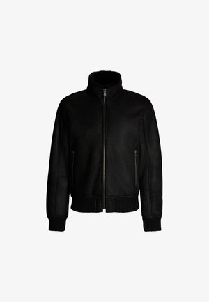Schwarze Lederjacke mit hohem Kragen, Reißverschluss und Seitentaschen. Verfügt über gerippte Bündchen und Saum für eine enganliegende Passform. Glatte Textur.