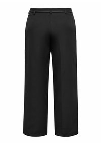Czarne spodnie o szerokich nogawkach z gładką fakturą, z paskiem na talii z szlufkami i detalami w postaci przodu z zagięciem.