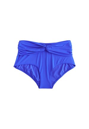 Hoog getailleerde bikinionderdelen in koningsblauw met een gedraaide knoopdetail aan de bovenkant voor, gladde stof en een volledige bedekking.