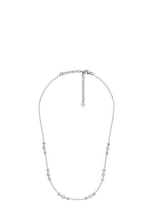 Silver chain necklace featuring alternating round and leaf-shaped accents with clear gemstones, adjustable length with a lobster clasp.