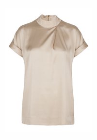 Beige Seidenbluse mit hohem Kragen, kurzen Ärmeln und einem subtilen, drapierten Design. Verfügt über einen Rückenreißverschluss für einfaches An- und Ausziehen.