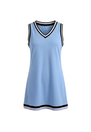 Jasnoniebieska sukienka bez rękawów z dekoltem w serek i czarno-biało-fioletowym paskowanym wykończeniem na dekolcie, pod pachami i na dole.