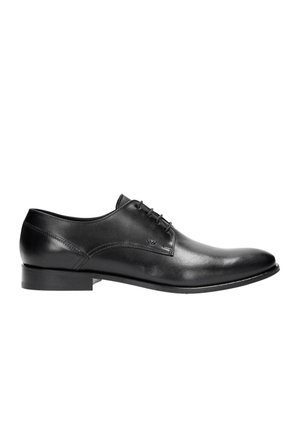 Schwarze Lederschuhe mit glatter Oberfläche, Schnürverschluss, abgerundetem Zehenbereich und niedrigem Absatz. Mit subtiler Markenkennzeichnung an der Seite.