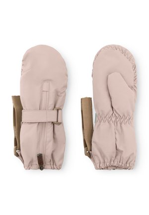 Moufles beiges fabriquées en un matériau lisse et résistant à l'eau. Dotées de poignets élastiques, d'une sangle ajustable et de détails de couture subtils.