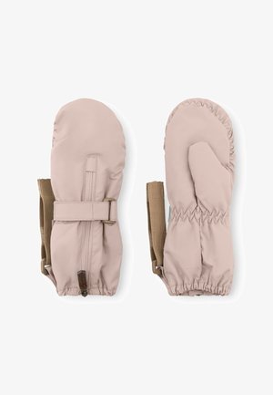 Beige palčáky vyrobené z hladkého, voděodolného materiálu. Obsahují elastické manžety, nastavitelné popruhy a jemné prošívání.