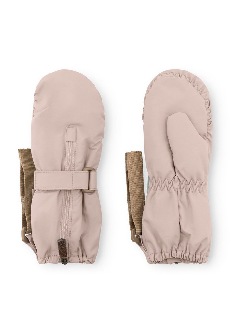 Beige wanten gemaakt van een glad, waterafstotend materiaal. Voorzien van elastische manchetjes, een verstelbare band en subtiele stiksels.