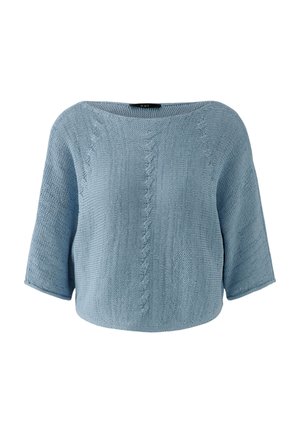 Light blue knitted sweater with three-quarter sleeves and cable knit pattern down the front and sides, featuring a boat neckline.