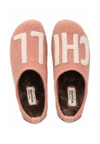 Pantofole di lana rosa con grande scritta bianca "CHILL". Fodera interna morbida, punta rotonda e design con tacco aperto. Suola testurizzata per miglior grip.