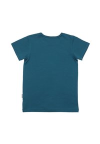 Türkise Kurzarm-T-Shirt aus weicher Baumwolle, mit Rundhalsausschnitt und geradem Saum, mit glatter Textur und ohne sichtbare Muster.