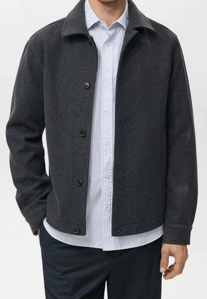 Mężczyzna w ciemnoszarej zapinanej kurtce na guziki, jasnoniebieskiej paskowanej koszuli i ciemnych spodniach, stoi z lewą ręką w kieszeni, a prawą rozluźnioną.