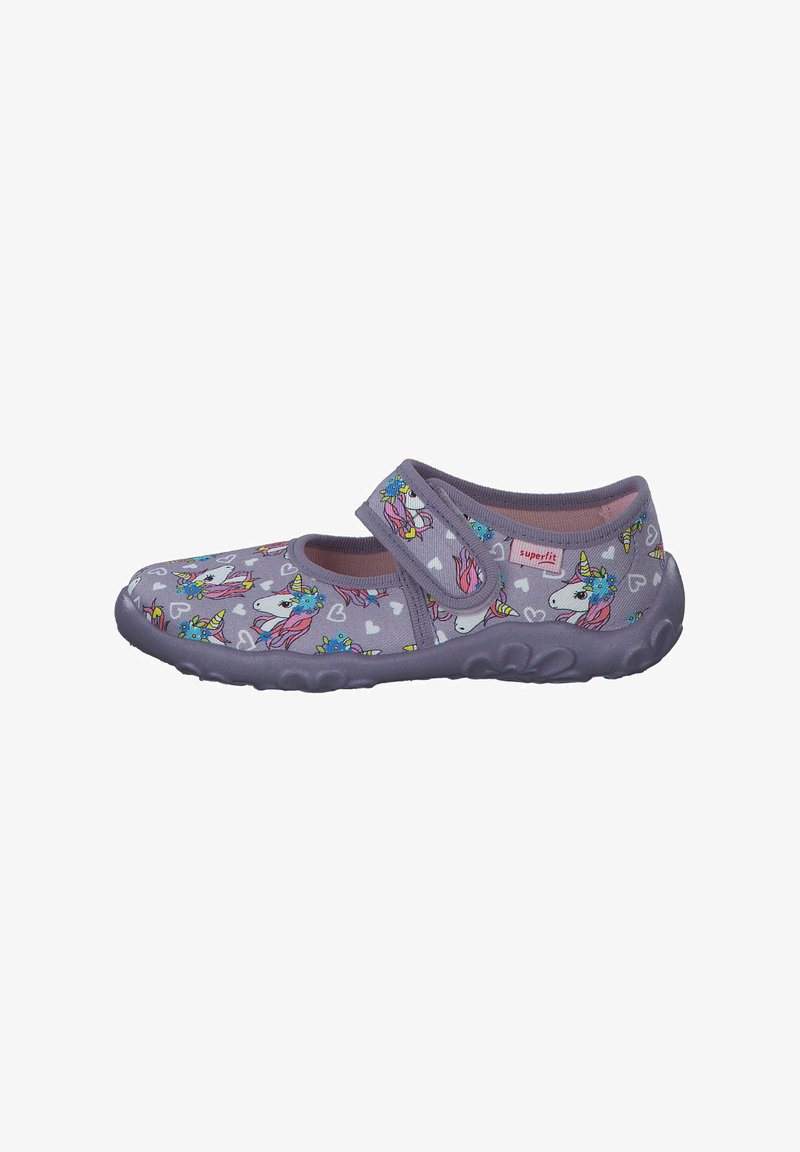 Purple fabric slip-on shoe with unicorn and heart patterns, Velcro strap, and a textured rubber sole for grip.