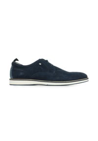 Navy suede veterschoen met een gladde afwerking, witte rubberen zool en een textuuraccent op de hak met branding aan de zijkant.
