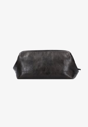 Brown leather toiletry bag with a slightly structured, rectangular shape and smooth texture; features a zipper closure at the top.