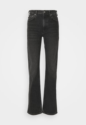 Jean en denim noir évasé avec taille haute, cinq poches, coutures visibles et texture légèrement décolorée. Fermeture à bouton métallique et zip.