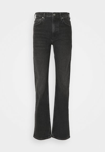 Melni flared džinsi ar augstu jostasvietu, pieciem kabatām, redzamām šuvēm un nedaudz izbalējušu tekstūru. Metāla pogas un rāvējslēdzēja aizdare.