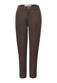 Pantalones marrones a medida de corte recto con botón frontal y trabillas para cinturón, mostrados sobre un fondo blanco.