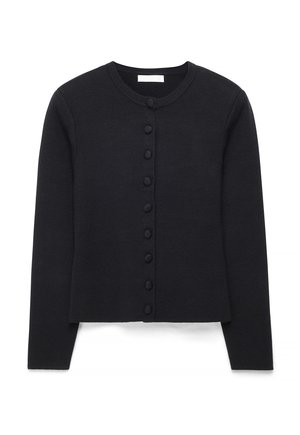 Melns garām piedurknēm adīts kardigans ar apaļu izgriezumu un frontālajā daļā rindu aizsegto pogu.