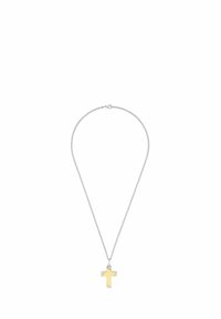 Collana in argento con pendente a croce gialla e argento, caratterizzato da bordi dritti e superficie liscia.