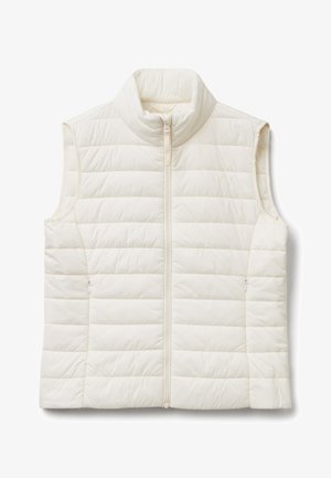 Béžová bezrukávová prošívaná vesta, s vyvýšeným límcem, předním zipem a horizontálním prošíváním se zipovými bočními kapsami.