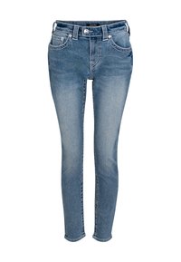 Jean skinny en denim bleu clair avec un délavage effet usé. Comprend cinq poches, des coutures contrastantes et une fermeture par bouton à la taille.